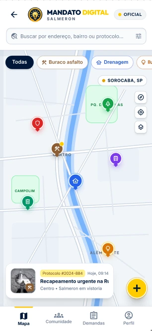 Tela do app Mandato Digital Salmeron — mapa de Sorocaba com chamados abertos por bairro