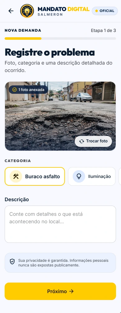 Tela do app Mandato Digital Salmeron — passo Registre o problema com foto de buraco no asfalto