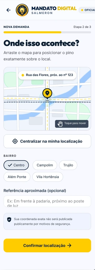 Tela do app Mandato Digital Salmeron — passo Onde isso acontece, com mapa e bairros de Sorocaba