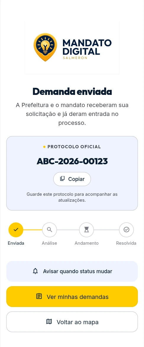 Tela demonstrativa do passo Resolva, mostrando protocolo e responsável