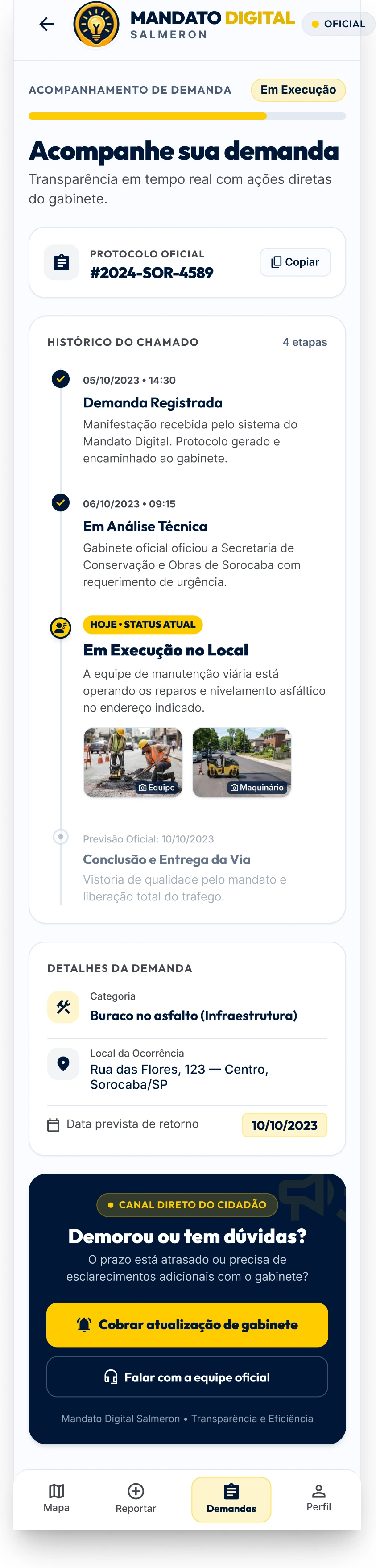 Tela demonstrativa do passo Comprove, mostrando o histórico e o andamento do chamado